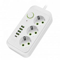 Фото Сетевой удлинитель Amper, 2 м, 3 розетки, 4 USB, Type-C, 10А, 2500Вт, белый, JH-1074U-2W