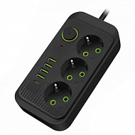 Сетевой удлинитель Amper, 4 м, 3 розетки, 4 usb, Type-C, 10А, 2500Вт, черный, JH-1074U-4B