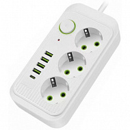 Сетевой удлинитель Amper, 4 м, 3 розетки, 4 usb, Type-C, 10А, 2500Вт, белый, JH-1074U-4W
