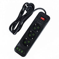 Сетевой удлинитель Amper, 2 м, 3 розетки, 3 usb, Type-C, 10А, 2500Вт, черный, JH-1081U-2B