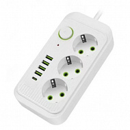Сетевой удлинитель Amper, 2 м, 3 розетки, 4 USB, Type-C, 10А, 2500Вт, белый, JH-1074U-2W