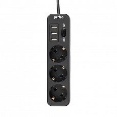 Сетевой фильтр двойная защита, 2м, 3 розетки, 3 USB 10А, 2500Вт черный Perfeo (1/1) PF_C3907