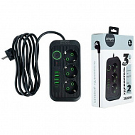 Сетевой удлинитель Amper, 2 м, 3 розетки, 4 USB, Type-C, 10А, 2500Вт, черный, JH-1074U-2B