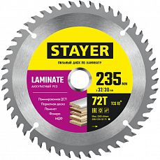 Диск пильный STAYER LAMINATE по ламинату,аккуратный рез 235x32/30мм 72T (1/6/24) 3684-235-32-72_z01